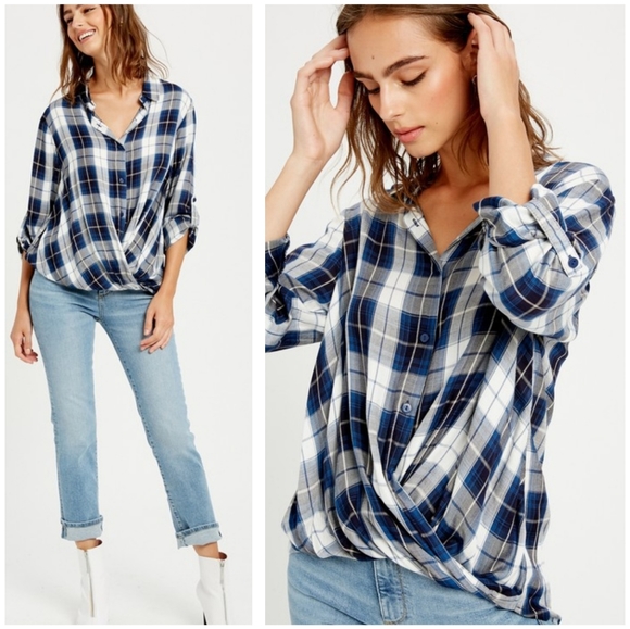 Wishlist Tops - Plaid twist front button down tops